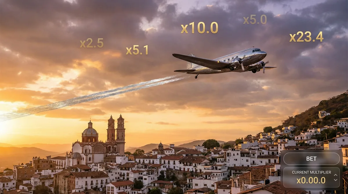 Juego Aviator con avión sobre cielo mexicano