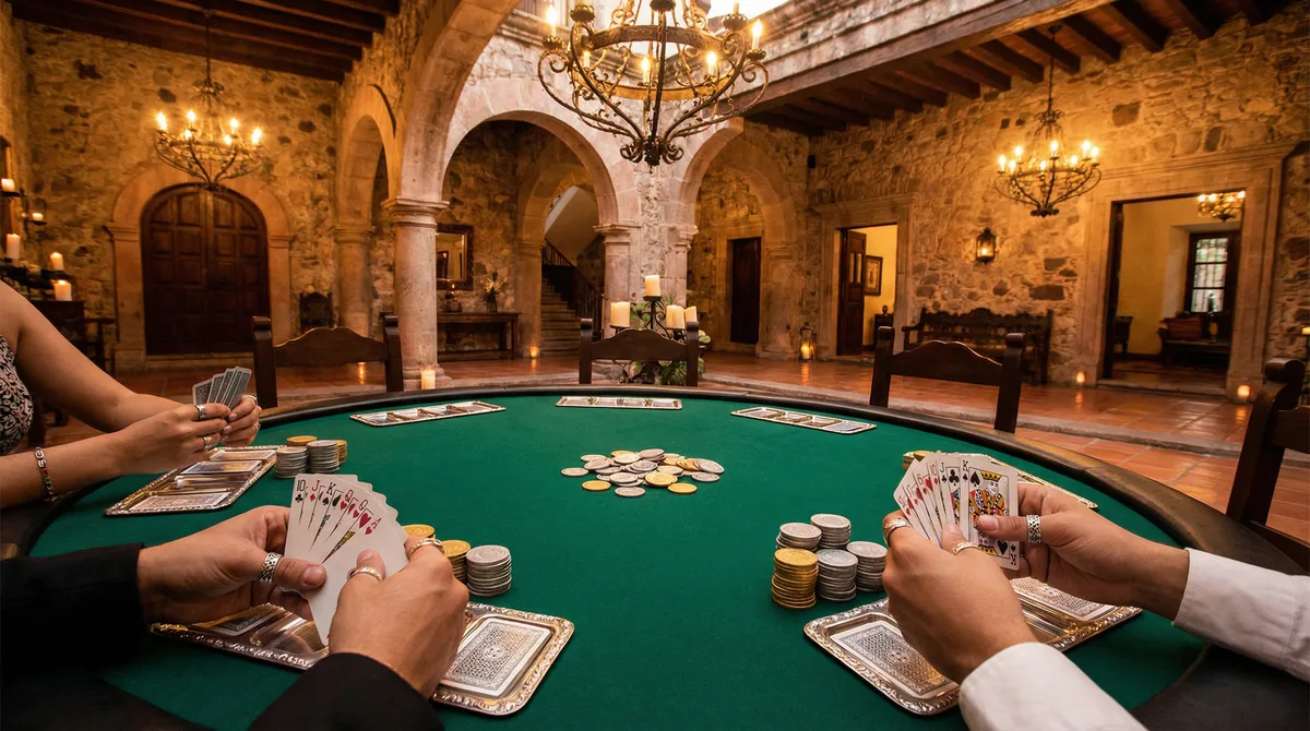 Mesa de póker en hacienda mexicana elegante